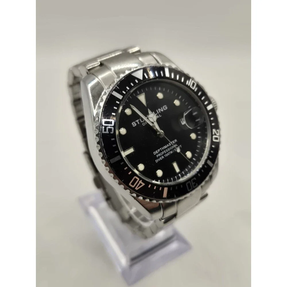 Stuhrling Original Depthmaster Quartz 43mm 100m Black Dial Date Watch. 7